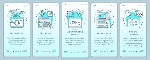 Web consulting onboarding mobile app page screen vector template. Digital marketing, website strategy. Walkthrough website steps with linear illustrations. UX, UI, GUI smartphone interface concept