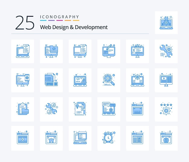 web design and development 25 blue color icon pack including design graphic screen edit files