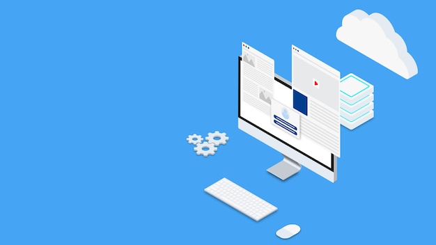 Web design and development with computer cloud and server isometric Digital software developer