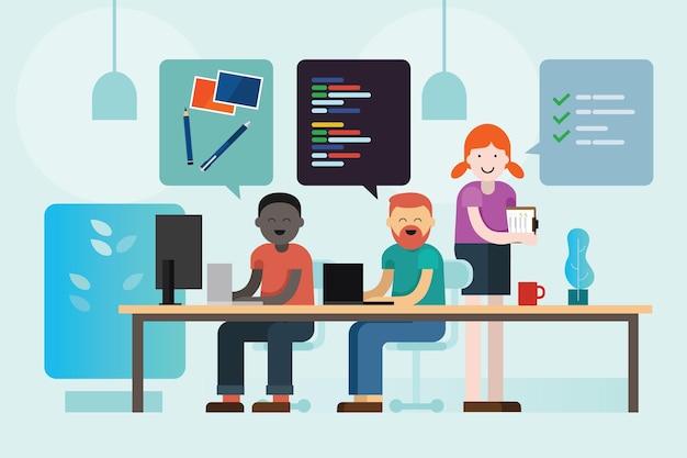 web design development programmer and project manager working together coding communicating