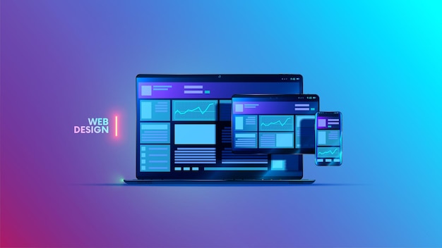 Web design flat concept Templates internet page of website on screen laptop tablet phone Responsive web interface application development Illustration of adaptation layout site on portable devices