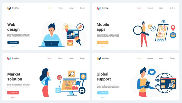 Web design global mobile application support market solutions set and tiny people