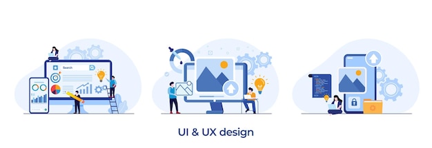 Web design ui ux and programmer with computer software development flat illustration vector