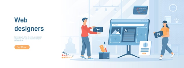 Web designers work on computer interface Developing web page organization website create layout