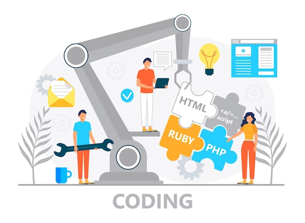 web developer concept vector for landing page programmer constructs website using crane and writes code software engineer working in digital or ai technology software development