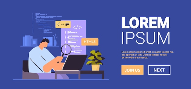 web developer creating program code on laptop screen development of software and programming concept portrait horizontal copy space vector illustration