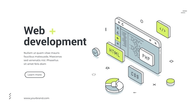 Web development coding programming isometric banner design template vector illustration
