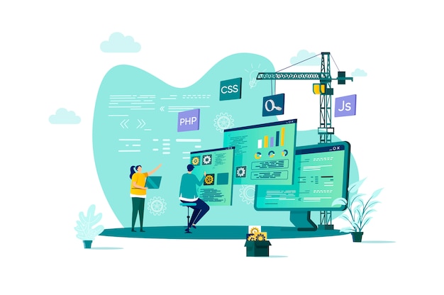 Web development concept in  style with people characters in situation