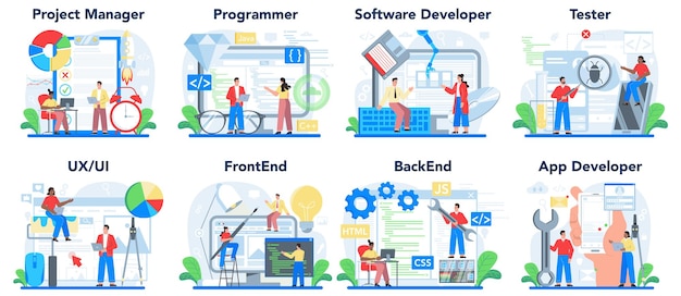 Web development concept set. Programming, coding and presenting