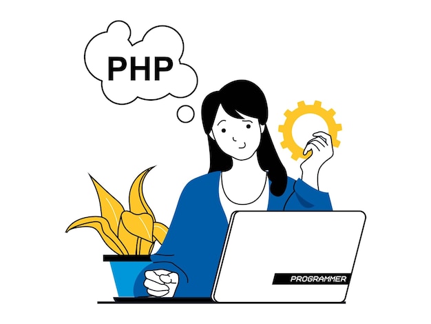 Web development concept with character situation Woman working with program code at laptop creates site interface testing and settings Vector illustration with people scene in flat design for web