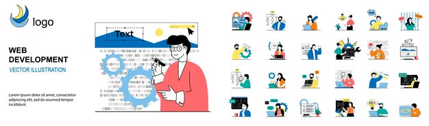 Web development concept with character situations mega set Bundle of scenes people creating web page layout coding and testing html code making optimization Vector illustrations in flat web design