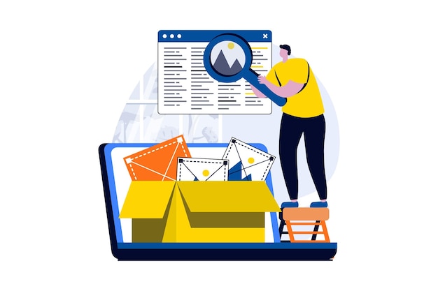 Web development concept with people scene in flat cartoon design Man designer searching information creates websites layouts programming and testing code Vector illustration visual story for web