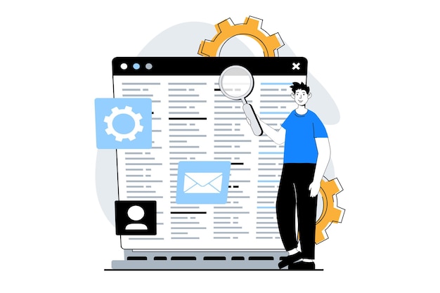Web development concept with people scene in flat design Man searching settings and fixing bugs in programming code for layout Vector illustration for social media banner marketing material