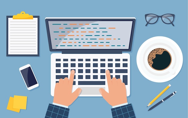 web development desktop management and it workplace background. top view of a table, laptop, folder, documents, notepad, business card, books, coffee, business, organization. eps 10