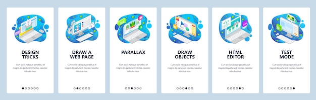 Web development icometric computer icons html code Mobile app onboarding screens Menu vector banner template for website and mobile development Web site design flat illustration