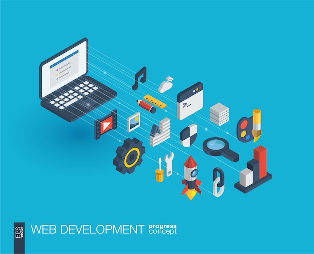 Web development integrated  icons. Digital network isometric progress concept. Connected graphic  line growth system. Abstract background for seo, website, app .  Infograph
