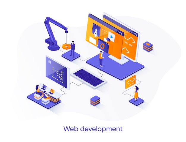 Web development isometric, hình minh họa với các nhân vật