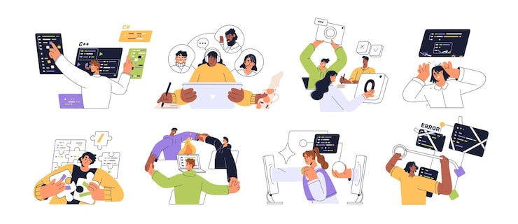 Vector web development processes concept set programmers work with bugs in code coders programming testing on computer team communicates online by video call flat isolated vector illustrations on white