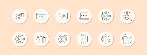 Web development set icon Gears coding error 404 API password target chip teamwork Software programming internet concept Vector line icons on beige background