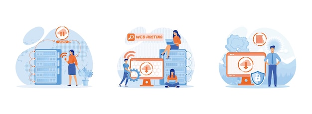 Web hosting Cloud computing Online database Web hosting set flat vector modern illustration