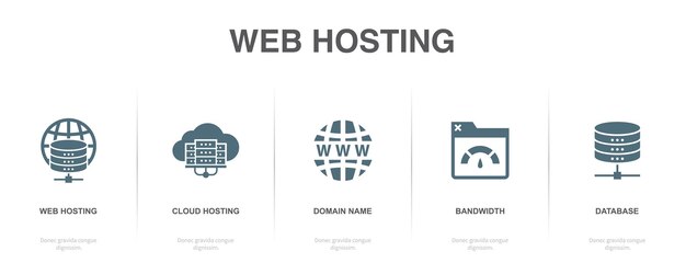 web hosting cloud hosting domain name bandwidth database icons infographic design template creative concept with 5 steps