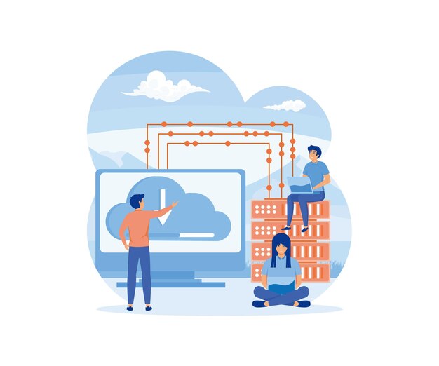 Web hosting concept Online database server web data center cloud computing technology computer security Landing page template design flat vector modern illustration