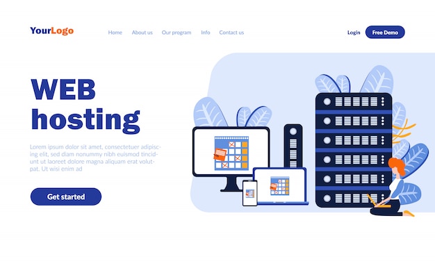 web hosting flat landing page template with header