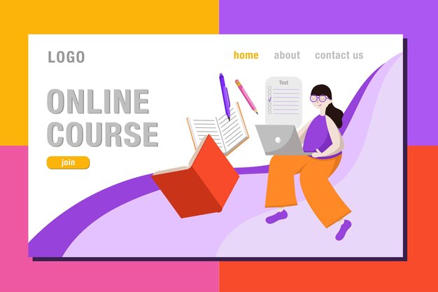 Web landing page. Education, Language online course. Young woman are studying. Educational class