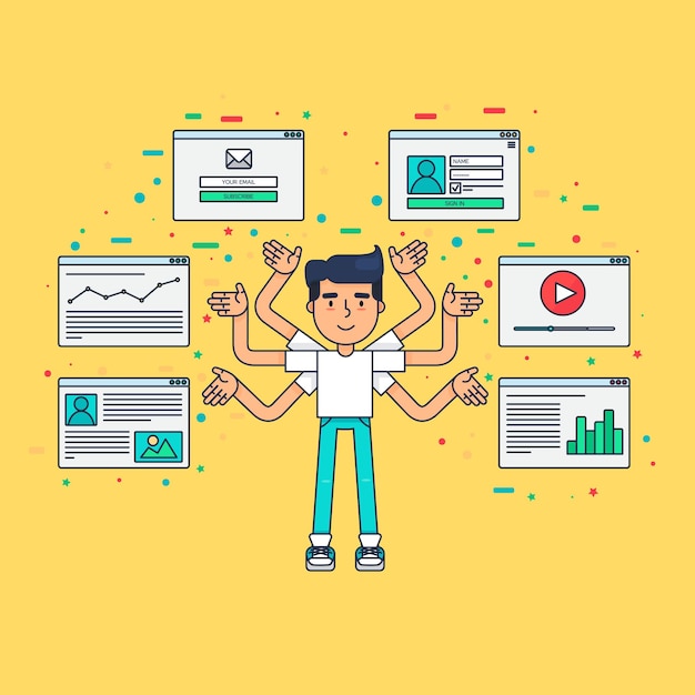 Web Life of Developer, Programmer, System Administrator or Designer from video, blog, social networks, online shopping and email. Graphic user interface and web pages forms and elements. Vector