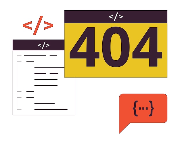 Web pages code and error 404 flash message Empty state ui design Page not found popup cartoon image Vector flat illustration concept on white background
