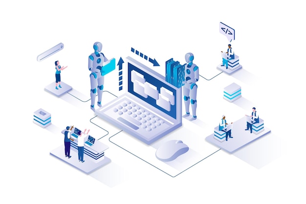 Web scraping 3d isometric concept with isometry people design for web People using services to automatic data collect making statistics analyze from websites research users Vector illustration