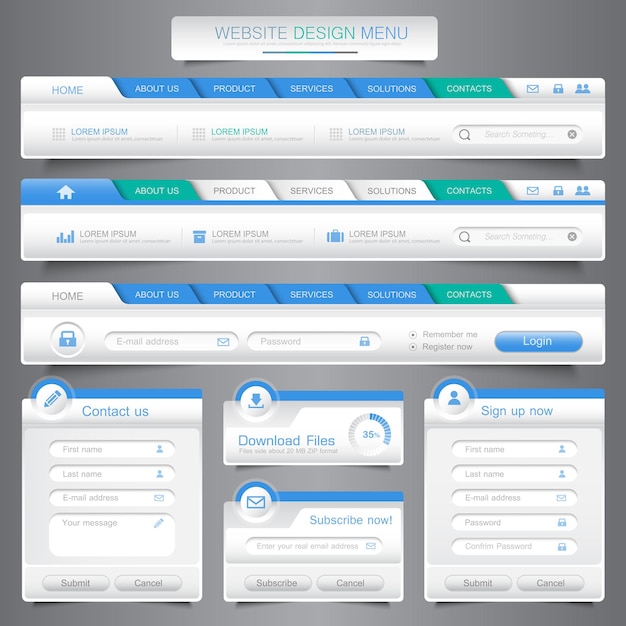 Web site design menu navigation elements with icons set Navigation menu bars vector design