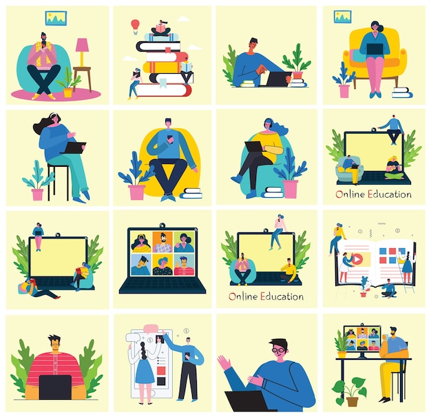 Webinar online concept illustration. People in video conference. Set of people business activity. Work remotely from home. Flat modern illustration set