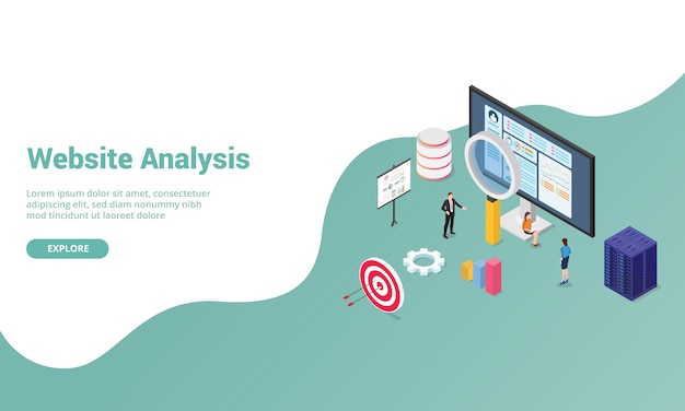 Website analysis data with graph and chart for website template or landing homepage with isometric modern style