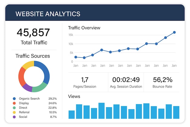 Website Analytics Dashboard Displaying Traffic Sources and Trends