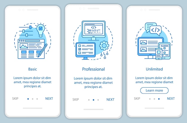 Website builder pricing onboarding mobile app page screen with linear concepts. Three walkthrough steps graphic instructions. Basic, professional tariff. UX, UI, GUI vector template with illustrations