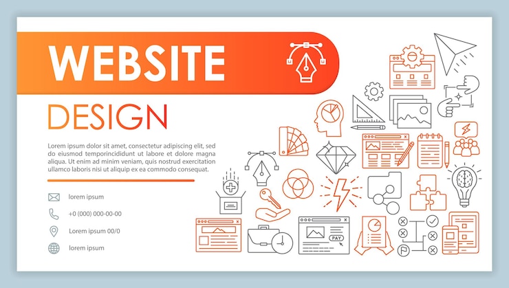 Vector website design banner, business card vector template. site builder. company contacts with phone, email linear icons. web development. presentation, web page idea. corporate print layout