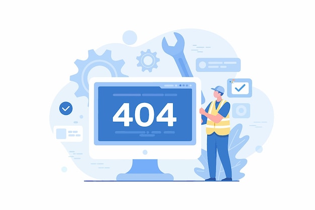 Website error 404 page not found concept with person and computer screen showing error message and tools for repair and fix transparent background