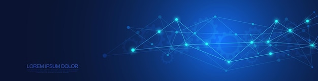 Website header or banner design with abstract geometric background and connecting dots and lines. Global network connection. Digital technology with plexus background and space for your text.