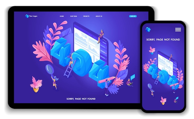 Website Isometric Landing page template of 404 error Concept. Modern design of web page design for website and mobile website. Easy to edit and customize, Responsive.