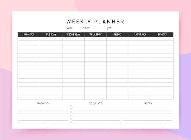 Weekly planner Schedule for week Timetable template Homework organizer Illustration