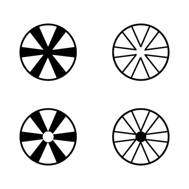 Wheel icons Four variations of simple radial wheel designs Geometric vector shapes