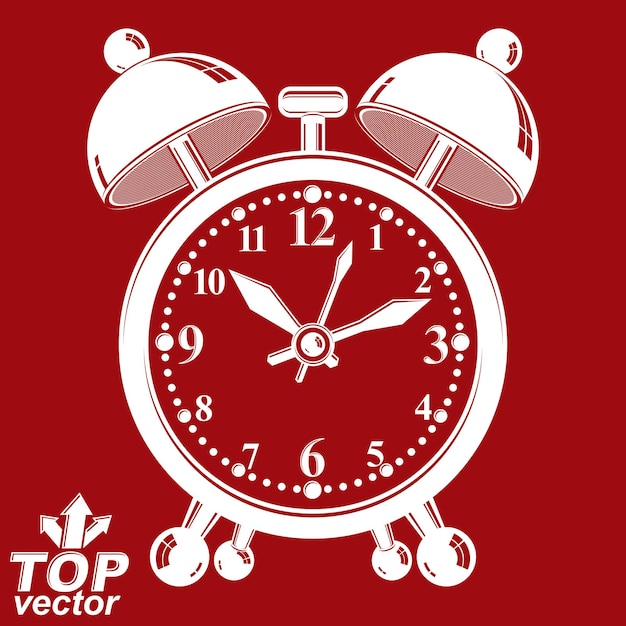 White alarm clock vector 3d illustration isolated on red backdrop, wake up conceptual icon. Graphic dimensional clock with clang bells. Waiter ringing symbol.