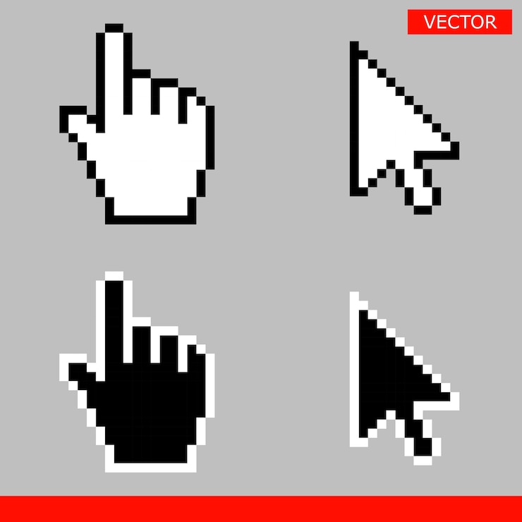 Vector white and black arrow and pointer hand cursor icon set pixel and modern version of cursors signs