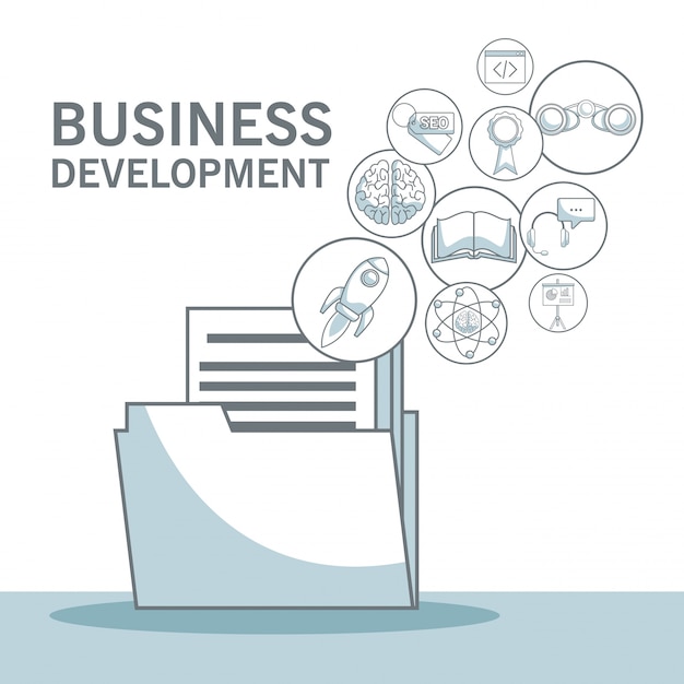 White background with silhouette color sections shading of folder documents with floating icons business development