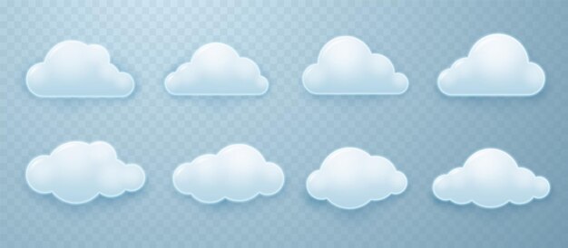 white cartoon fluffy rounded cumulus clouds with shadows in 3d style vector illustration