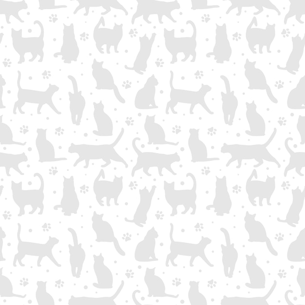 White cat semaless repeat pattern vector backgorund tile with paws