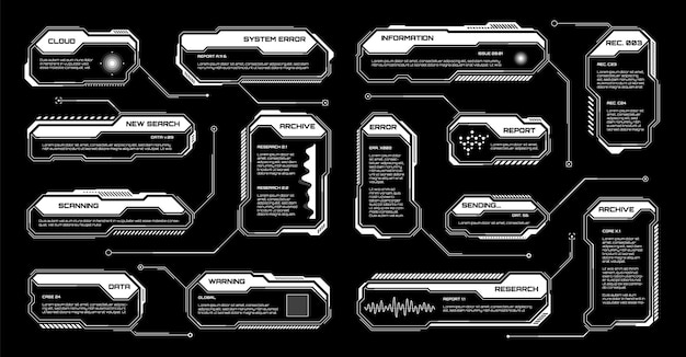 white futuristic hud ui elements scifi user interface text boxes callouts warning message frames information boxes template modern game interface layout in digital style vector illustration