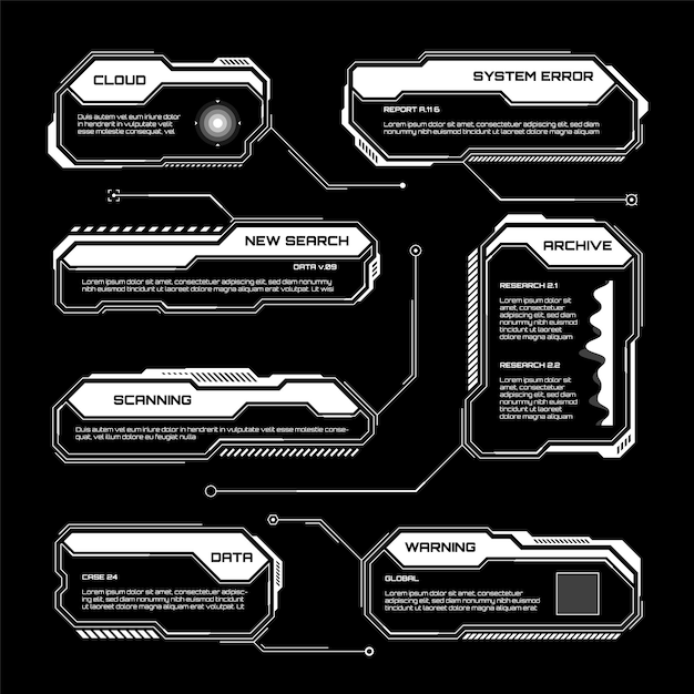 white futuristic hud ui elements scifi user interface text boxes callouts warning message frames
