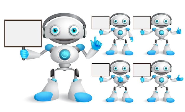 White robot vector characters set talking while holding empty placard for text and technology